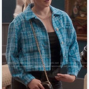 Zara Blue Plaid Cropped Bomber Jacket